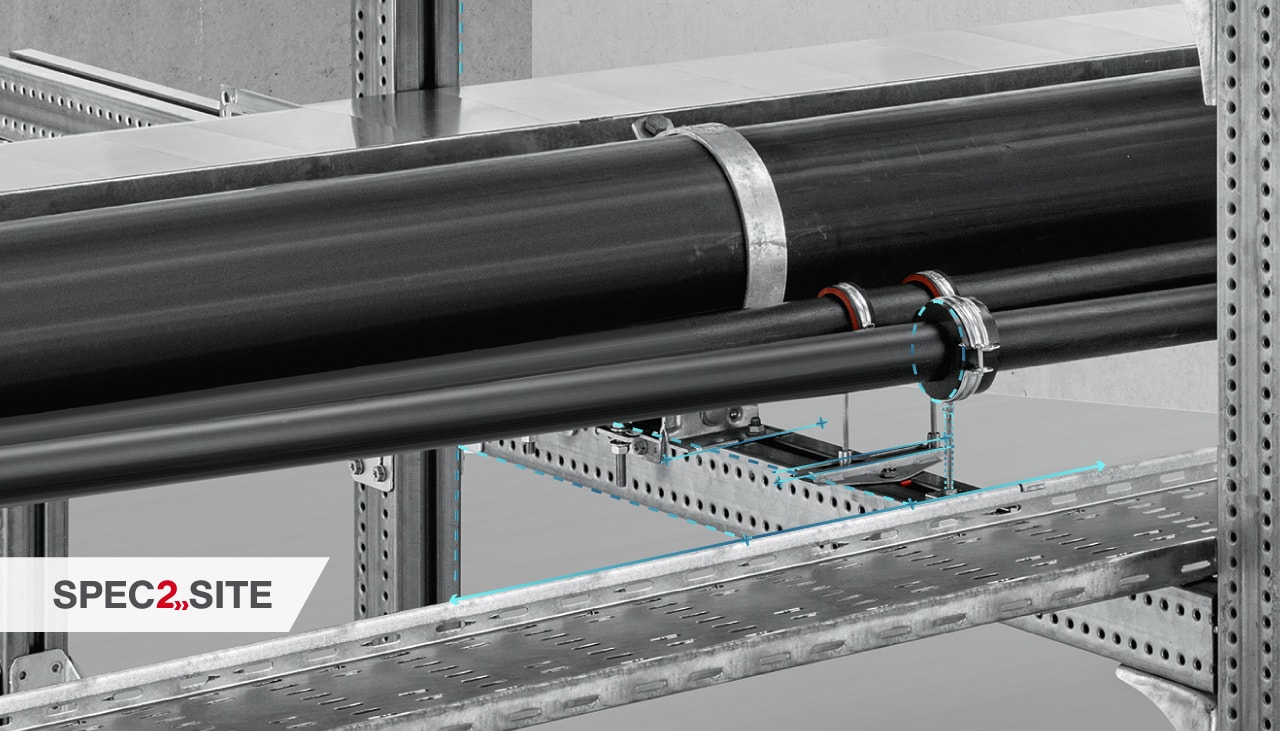 Se prezintă o varietate de conducte de dimensiuni diferite, instalate pe un sistem modular de susținere