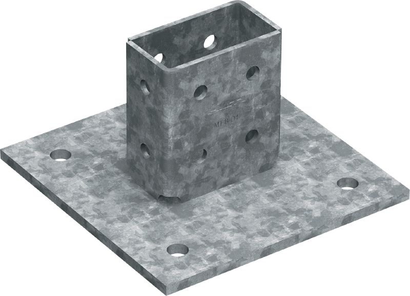 Placă de bază pentru sarcini 3D MT-B-O4 OC Conector de bază pentru ancorarea de beton și oțel a structurilor pe bază de profile pentru montanți supuse unor sarcini 3D, pentru utilizare în aplicații de exterior cu nivel redus de poluare