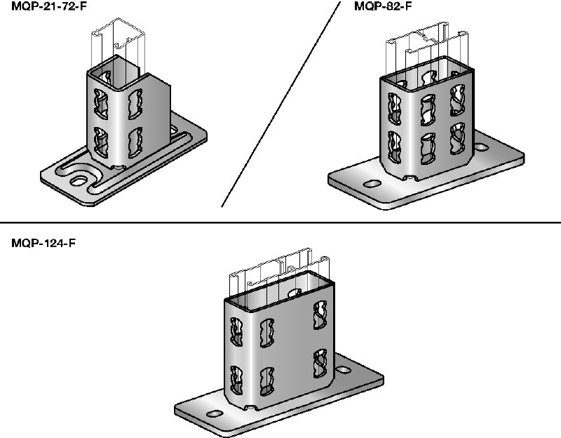Talpă pentru profile MQP-F Talpă pentru profile, zincată la cald (HDG), pentru fixarea profilelor pe beton
