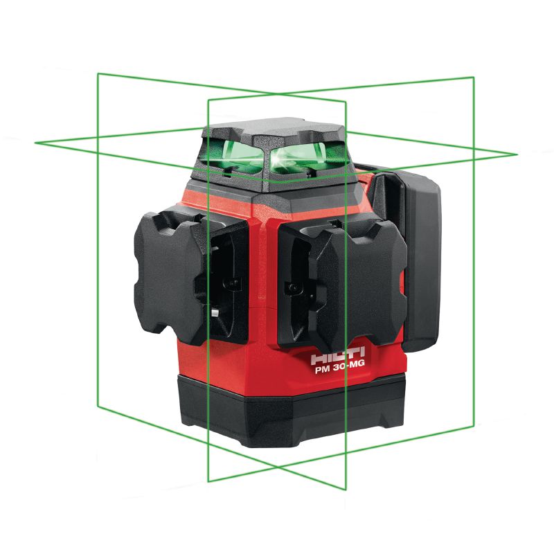 Laser multiliniar PM 30-MG Laser multiliniar cu 3 linii cu fascicul verde reglabile la 360° pentru operațiuni de instalații sanitare, nivelare, aliniere și verificarea unghiurilor