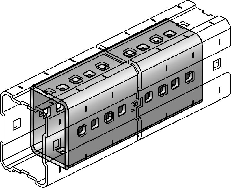 Conector MIC-E Conector zincat la cald (HDG) utilizat pentru conectarea în plan longitudinal a profilelor MI pentru acoperirea unor distanțe mai mari în aplicații cu sarcini mari