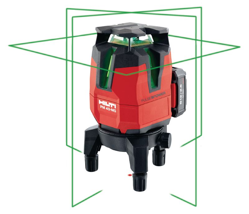 Laser multiliniar PM 40-MG Laser multiliniar cu 3 linii cu fascicul verde pentru operațiuni de instalații sanitare, nivelare, aliniere și verificarea unghiurilor