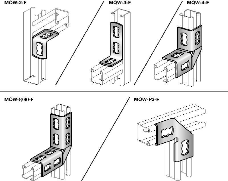 Conector colțar MQW 90°F Colțar zincat la cald (HDG), în unghi de 90 de grade, pentru conectarea mai multor profile MQ pentru montanți