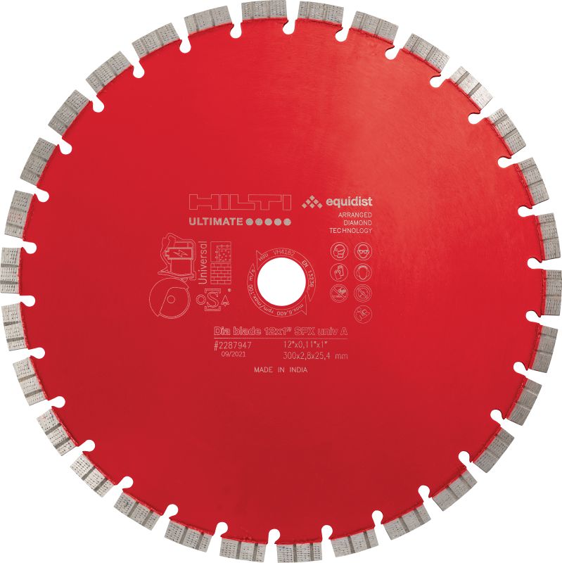 Disc diamantat SPX Universal A, pentru fierăstraie cu motor electric Disc diamantat de cea mai bună calitate, proiectat pentru o durată mai mare de viață și maximizarea operațiunilor de tăiere per încărcare și a vitezei de tăiere, la utilizarea cu fierăstraie cu motor electric, într-o gamă largă de materiale de bază