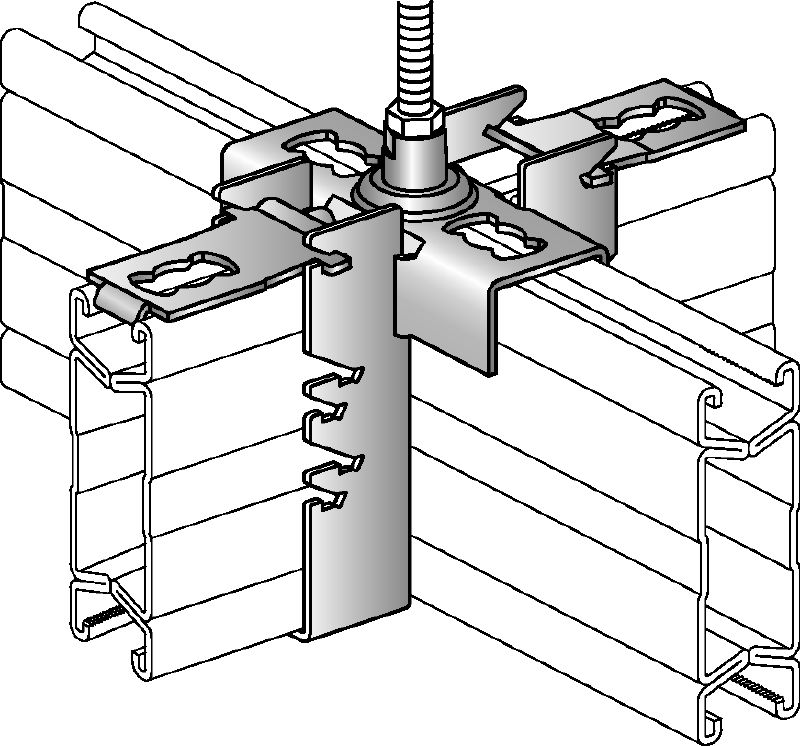 Conector transversal MQI-K Conector transversal galvanizat pentru montarea transversală a profilelor cu prindere M12 integrată pentru reglarea înălțimii