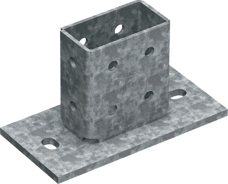 Placă de bază pentru sarcini 3D MT-B-O2B OC Conector de bază pentru ancorarea de beton și oțel a structurilor pe bază de profile pentru montanți supuse unor sarcini 3D, pentru utilizare în aplicații de exterior cu nivel redus de poluare