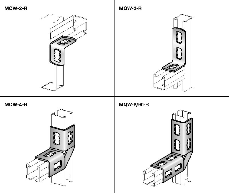 Conector tip colțar MQW 90°-R Colțar din oțel inoxidabil (A4), în unghi de 90 de grade, pentru conectarea mai multor profile MQ pentru montanți