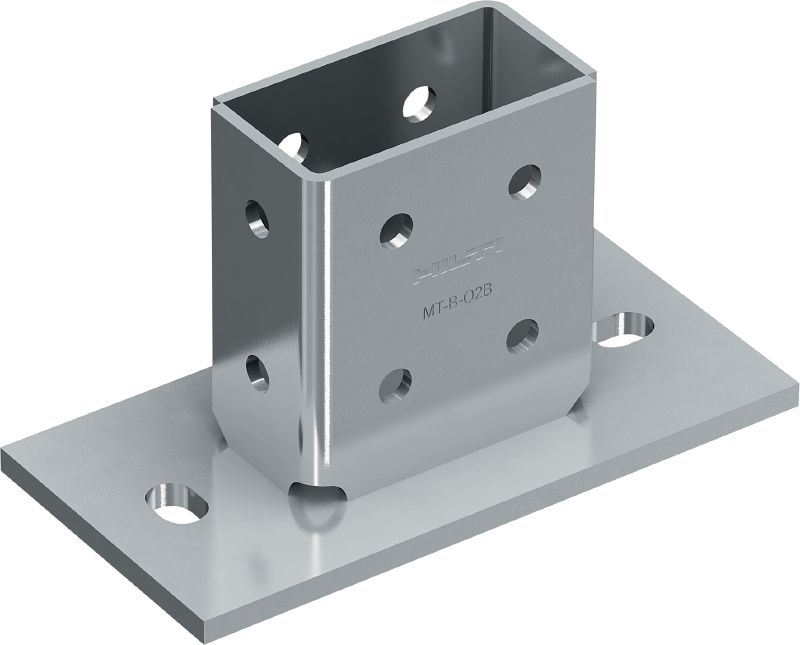 Placă de bază pentru sarcini 3D MT-B-O2B Conector bază pentru ancorarea de beton sau oțel a structurilor pe bază de profile pentru montanți supuse unor sarcini 3D