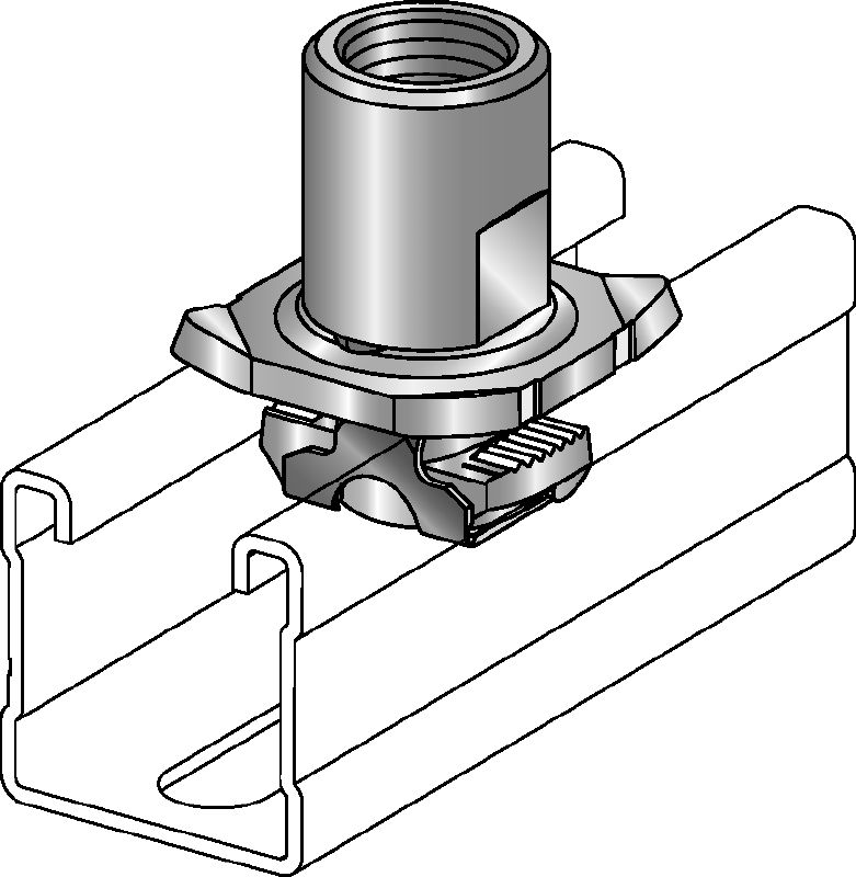 MQA Conector galvanizat pentru coliere (sistem imperial) cu adaptor pentru fixarea componentelor filetate pe profilele MQ pentru montanți