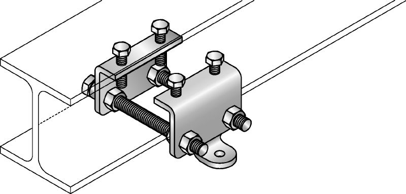 Conector pentru grinzi MQS-IB Conector preasamblat și galvanizat pentru grinzi, cu aprobare FM pentru consolidarea seismică a țevilor de sprinklere în aplicații de fixare pe structuri din oțel